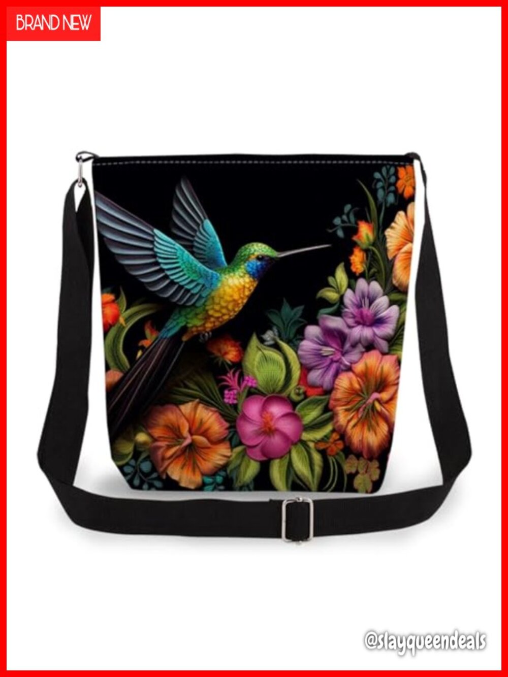 Floral Hummingbird Crossbody Bag Adjustable Strap Zip Pouch